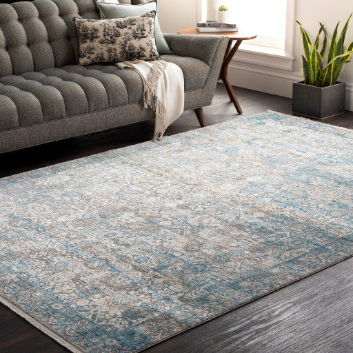 Surya Solar SOR-2314 3'x8' Rug, Gray/Aqua/Dark Blue/Light Gray/Ivory/Mustard