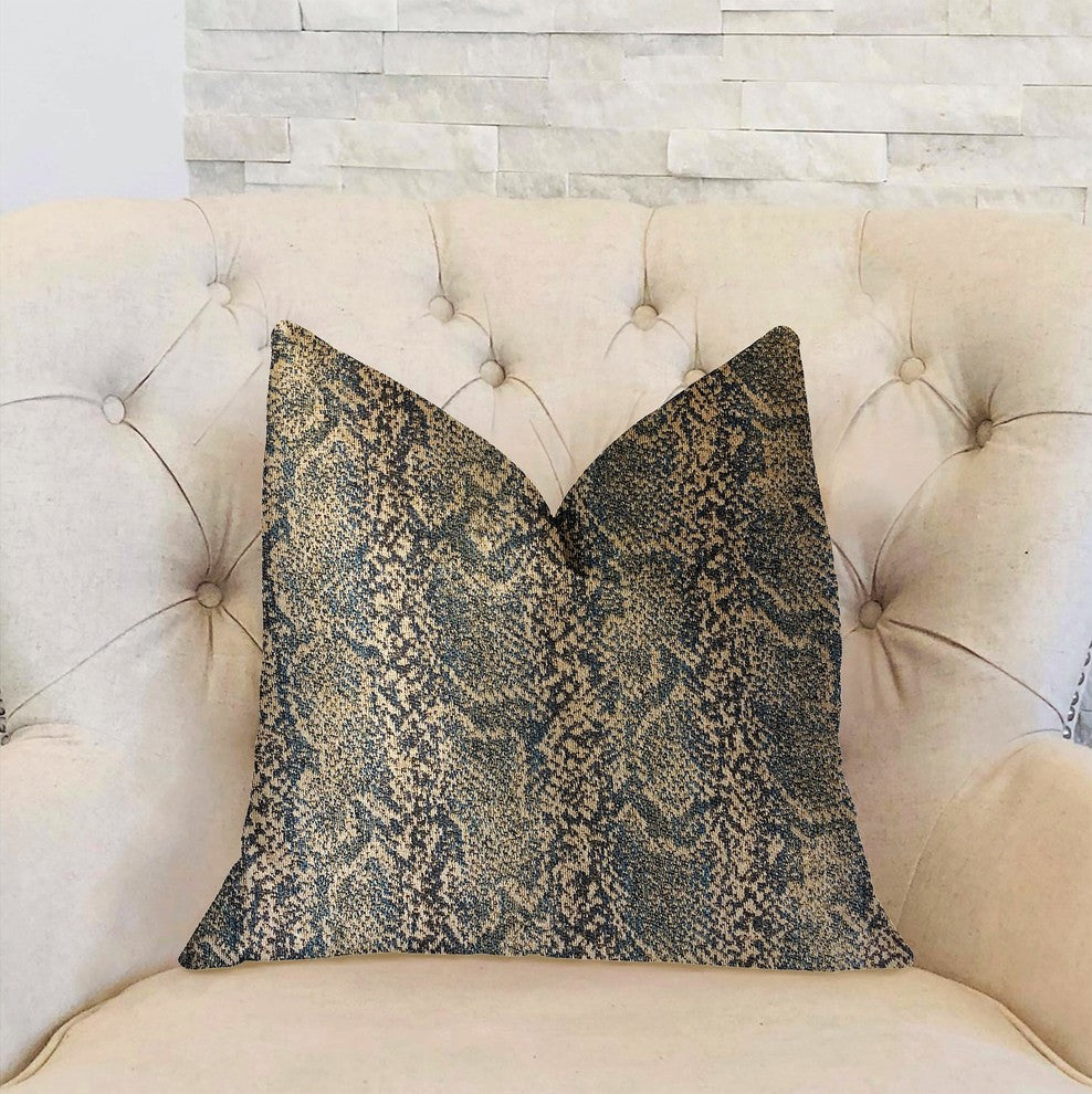 Exotic Phantom  Blue and Gold Luxury Throw Pillow, 26"x26"