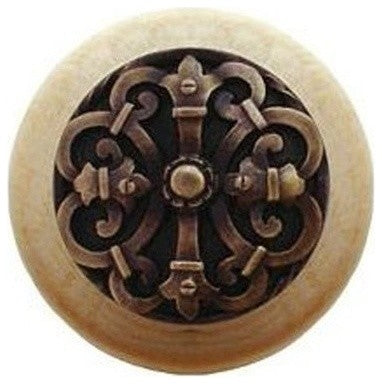 Chateau Natural Wood Knob, Clear Finish With Antique-Style Brass