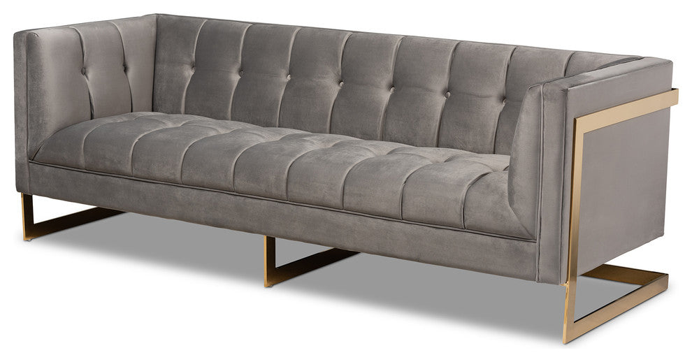 Rolland Gray Velvet Upholstered and Button Tufted Sofa With Gold-Tone Frame