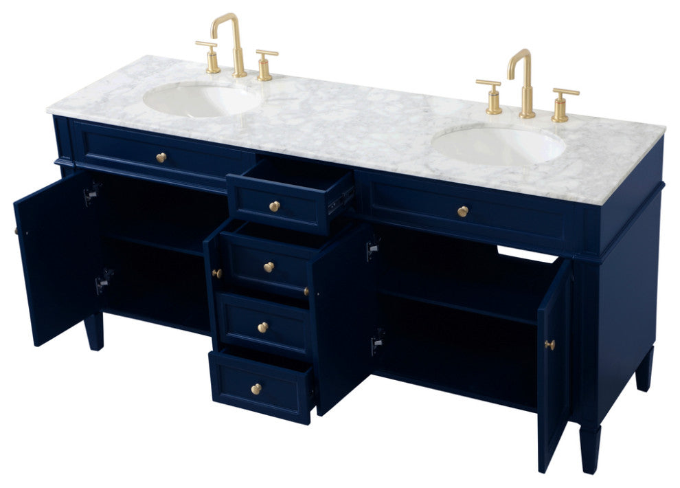 Home Living Vanity with Carrara White Marble Countertop, Blue, 72", Double Sink
