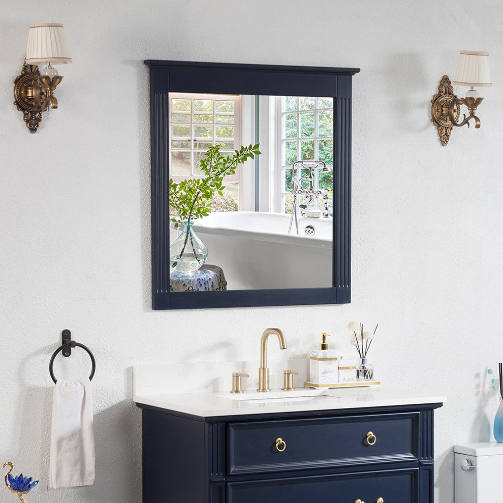 Solid Wood Bathroom Vanity Mirror for Wall Mounted, Navy Blue, 32x33