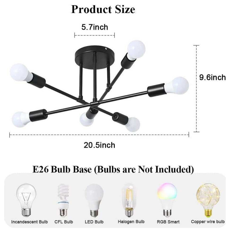 Farmhouse Semi Flush Mount Ceiling Light Fixture, 6 Light, Black Ceiling Lamp