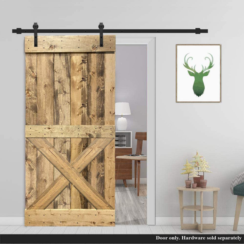 Stained Solid Pine Wood Sliding Barn Door, Weather Oak, 36"x84", Mini X