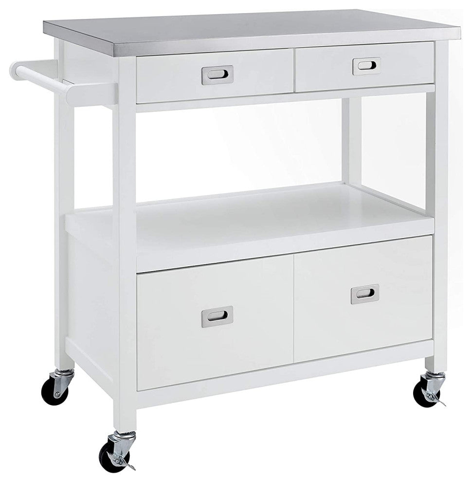 Modern Kitchen Cart, Stainless Steel Top and Spacious Drawer, Glossy White