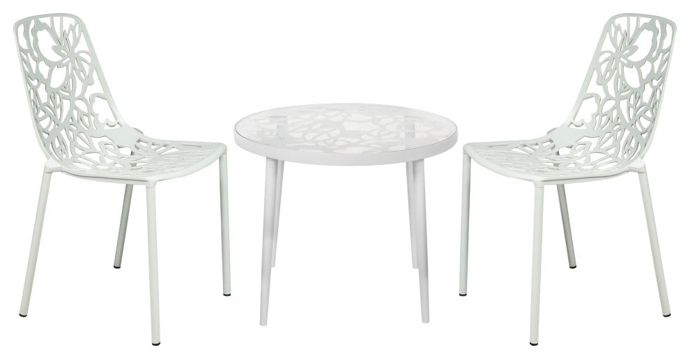 LeisureMod Devon Outdoor Dining Set with Glass Table and 2 Chairs, White