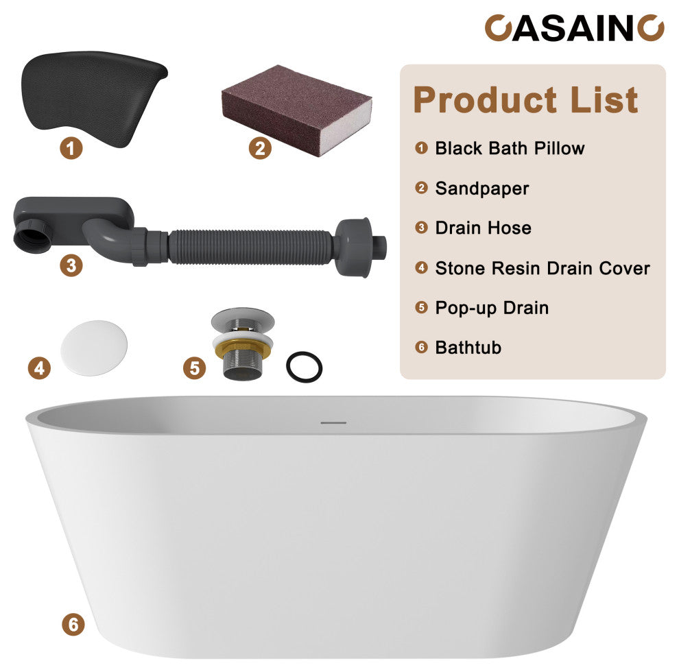 59in White Solid Surface Freestanding Soaking Bathtub with Drain, 67in