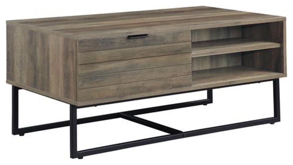 Benzara BM269084 Coffee Table With 2 Open Compartments & Tubular Frame Oak Brown
