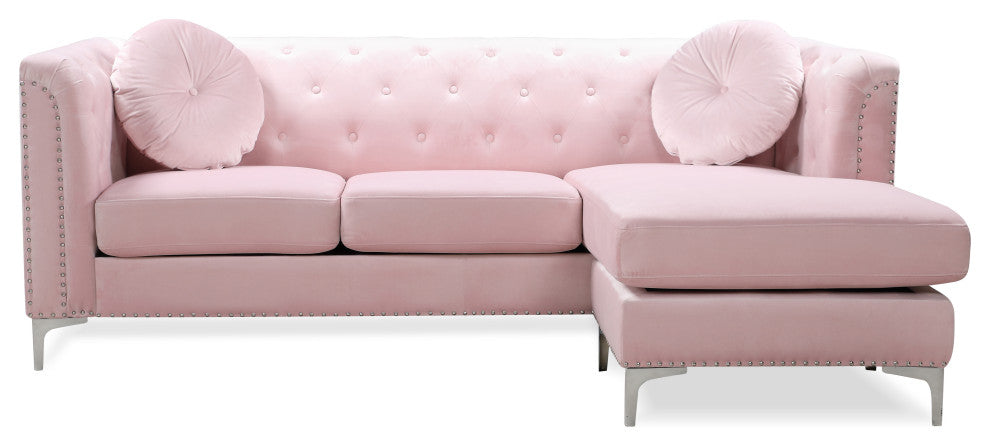 Pompano Velvet Button Tufted Sofa with Chaise, Pink