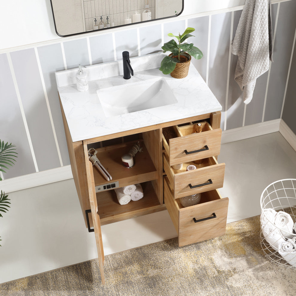 San Bath Vanity with Stone Top, Fir Wood Brown, 36", Single Vanity, With Mirror