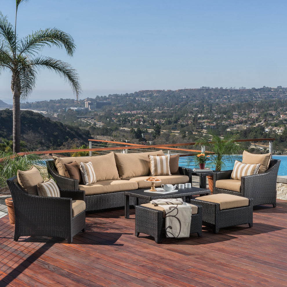 Deco 8 Piece Sunbrella Outdoor Patio Sofa and Club Chair Deep Seating Set, Warm Khaki