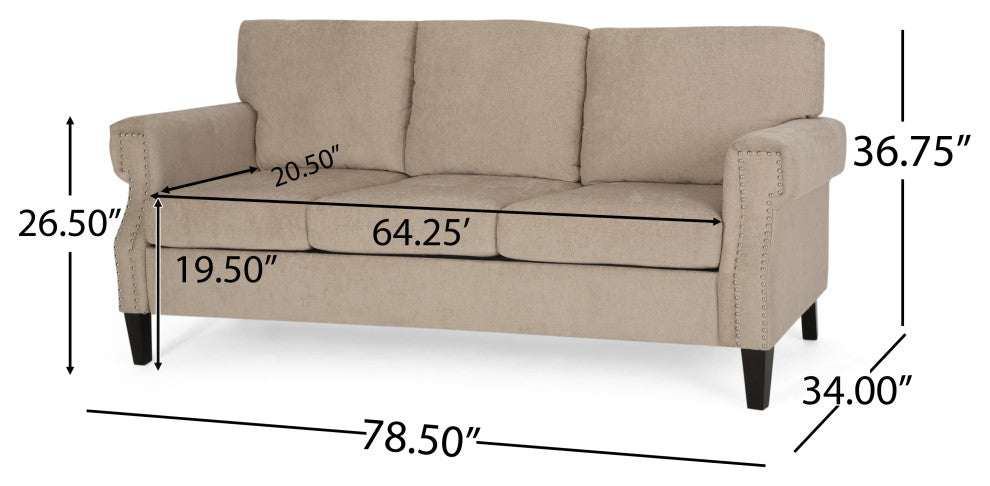 Dobles Contemporary Fabric 3-Seater Sofa, Nailhead Trim, Sand/Dark Brown