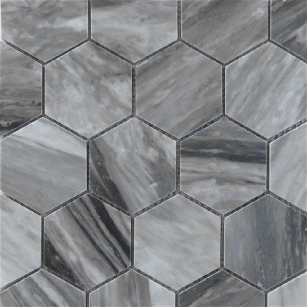 Bardiglio Gray Dark Grey Marble 3 inch Hexagon Mosaic Tile Polished, 1 sheet