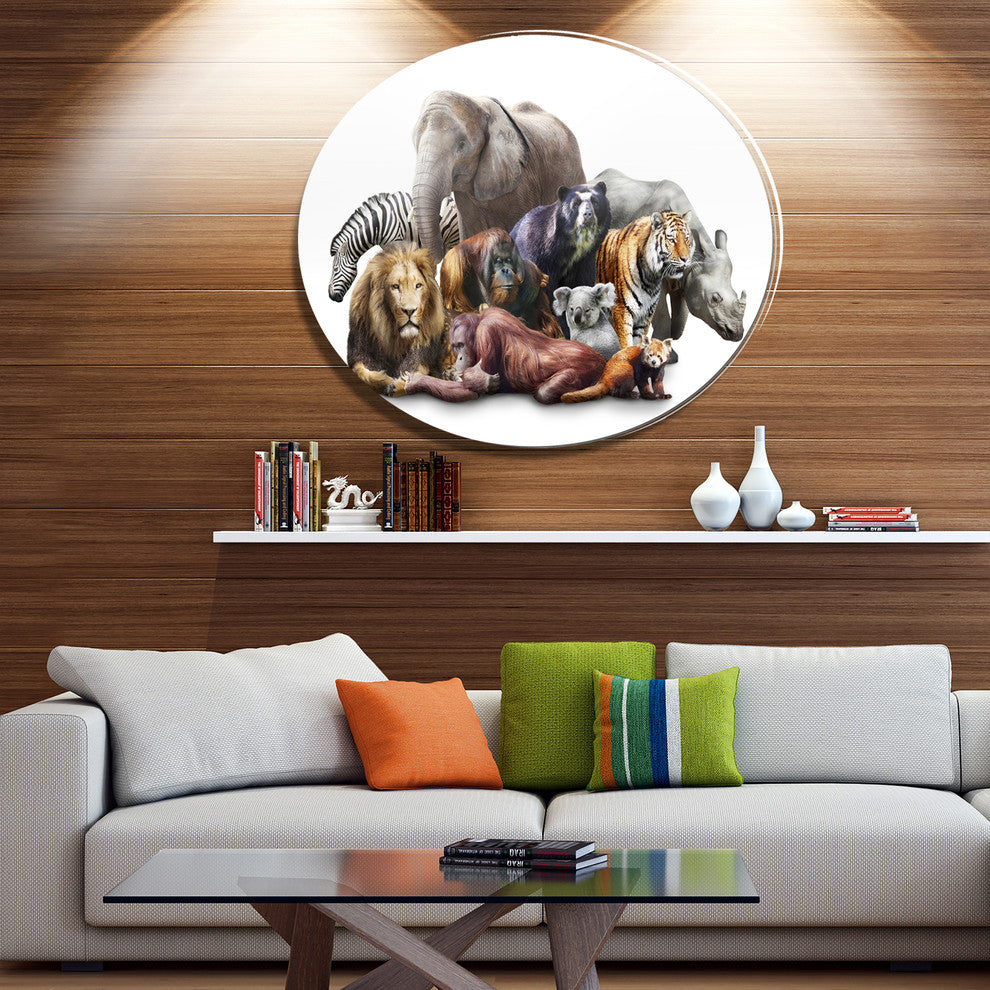 Animals On White Background, Animal Round Metal Wall Art, 23"