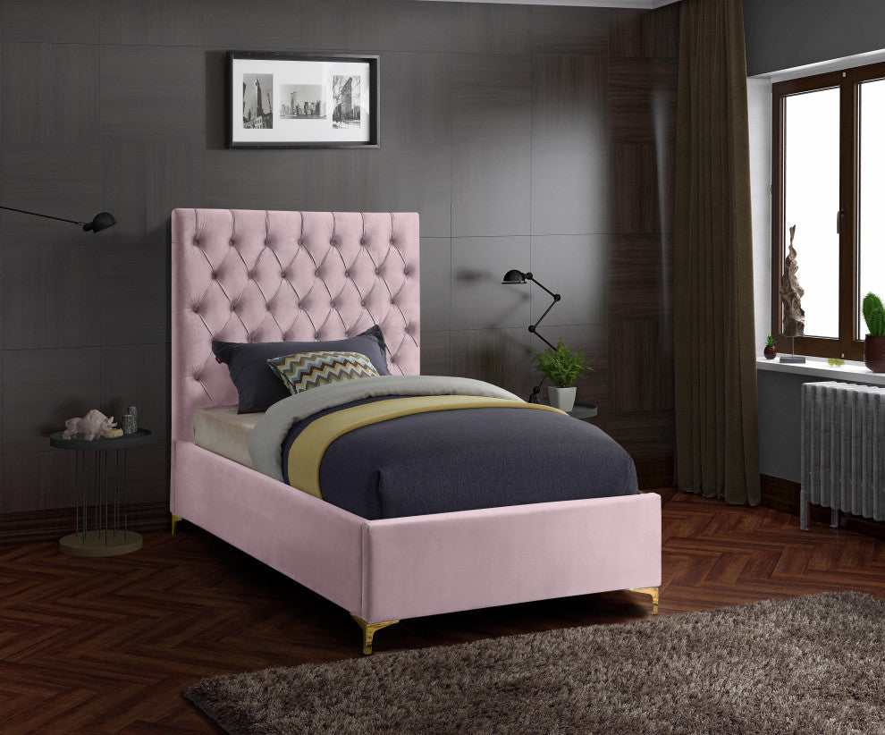 Cruz Velvet Upholstered Bed, Pink, Twin
