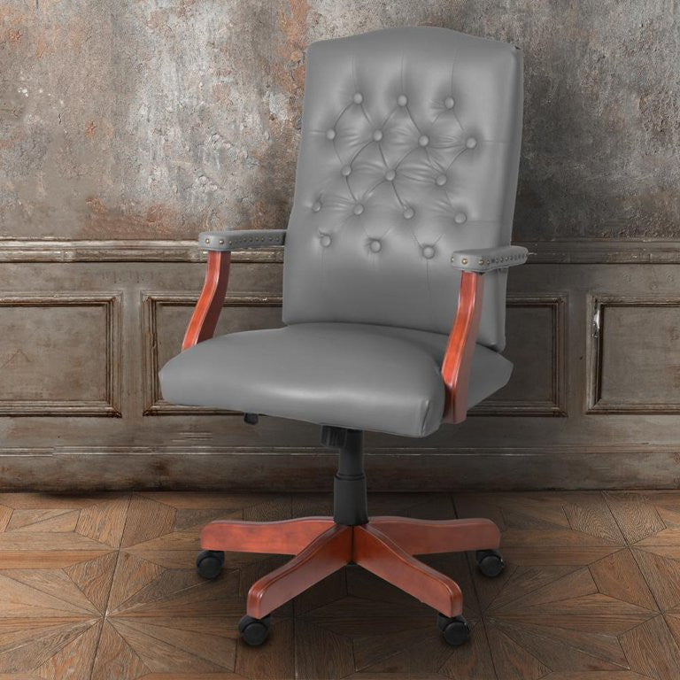 Traditional Office Chair, Hardwood Frame & Button Tufted PU Back, Gray/Cherry