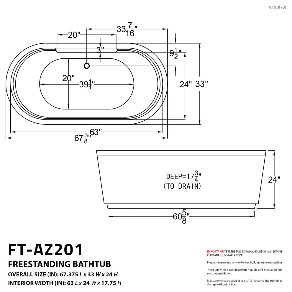 Sofi 5.6' Center Drain Whirlpool and Air Bath Tub in White
