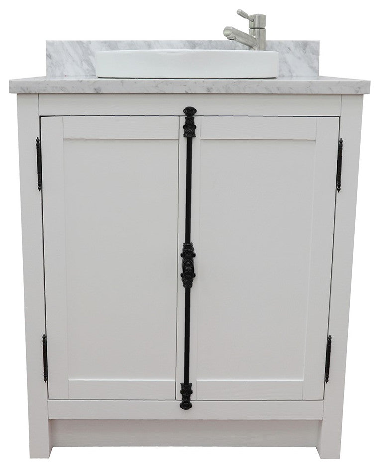 30" Single Vanity, Glacier Ash, White Carrara Top, Round Sink