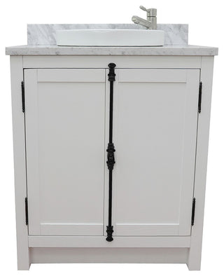 30" Single Vanity, Glacier Ash, White Carrara Top, Round Sink