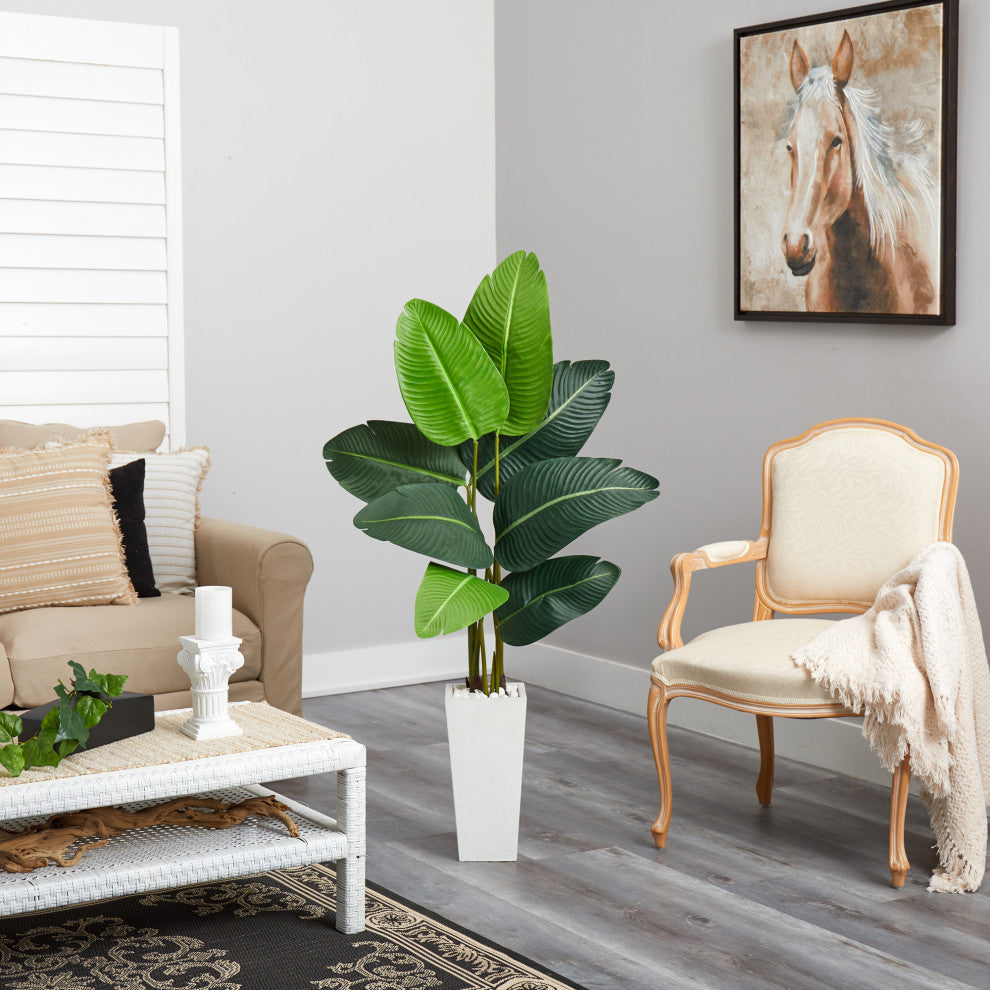 4.5' Travelers Palm Artificial Tree, White Planter