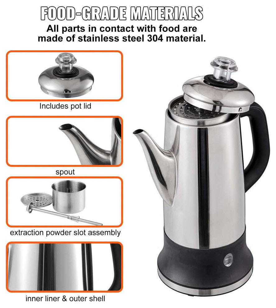 VEVOR 12-Cup Electric Percolator Coffee Pot Stainless Steel Coffee Maker Silver