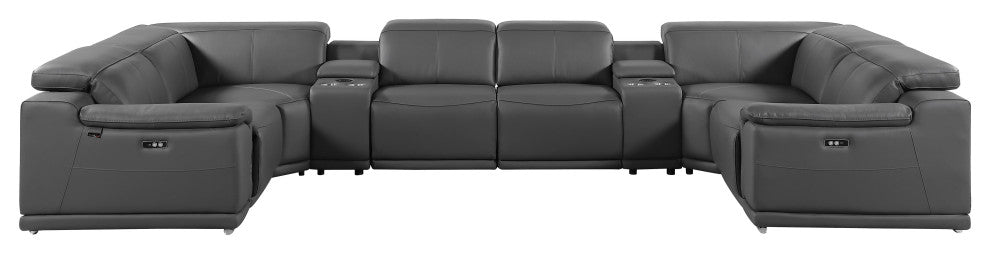 Federico 8-Piece Italian Leather U Sectional, 2 Power Recliners, Dark Gray