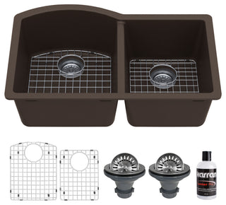 Karran Undermount Quartz 32" 60/40 Double Bowl Kitchen Sink Kit, Brown