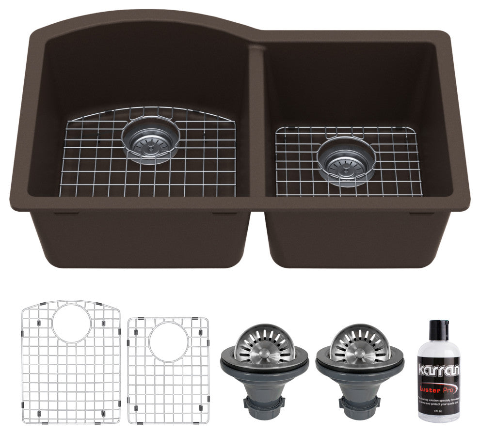 Karran Undermount Quartz 32" 60/40 Double Bowl Kitchen Sink Kit, Brown