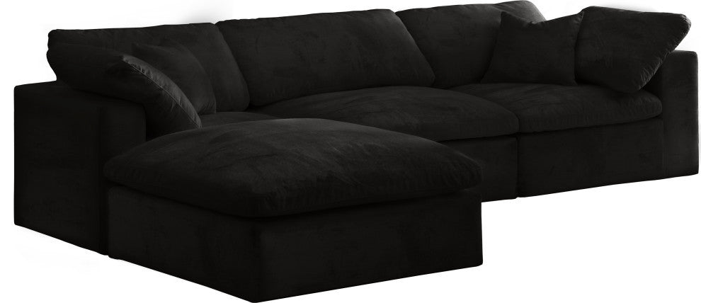 Cozy Velvet Upholstered Comfort L-Shaped Modular Sectional, Black, 4-Piece: 1 Armless Chair, 2 Corner Chair, 1 Ottoman