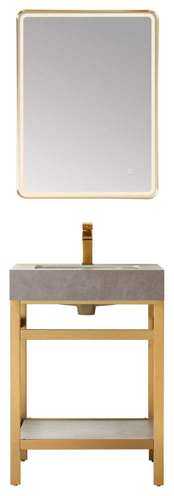 Funes Bath Vanity with Mirror, Brushed Gold Support, 24'', Grey Stone Top