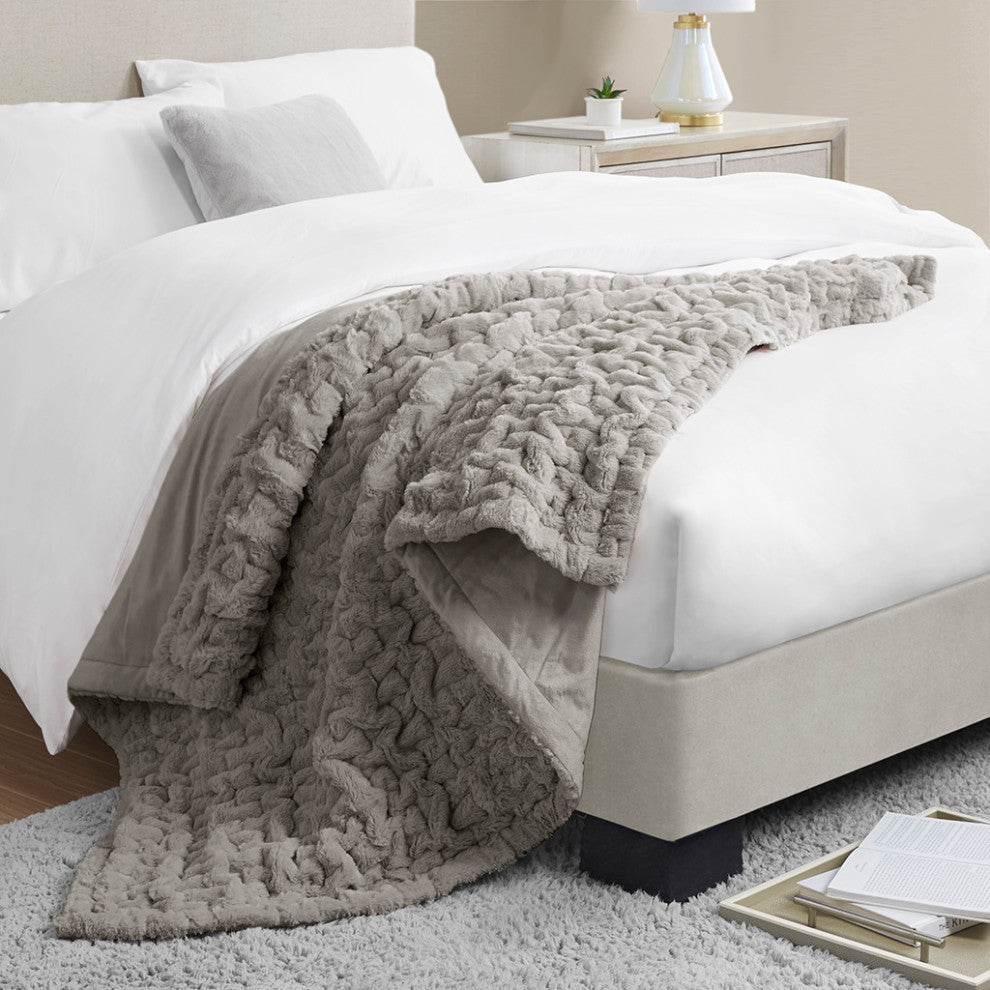 Madison Park Ruched Fur Throw, Grey