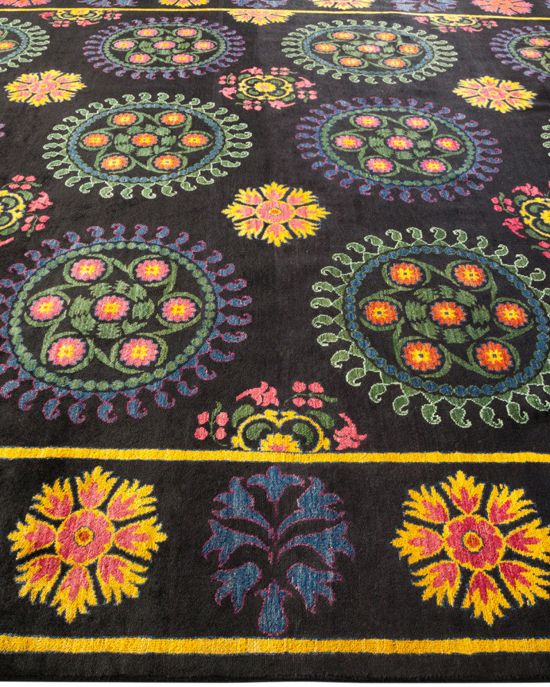 Suzani, One-of-a-Kind Hand-Knotted Area Rug Black, 9'1"x11'4"