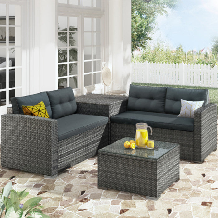 4 Pcs Outdoor Pe Rattan Wicker Sectional Sofa Set With Large Storage Box