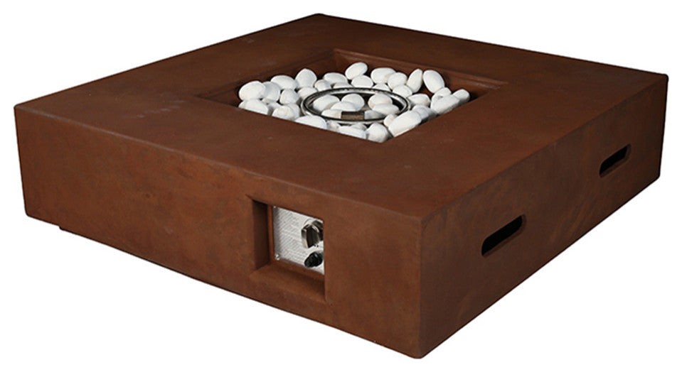 Brenta Outdoor Square Gas Fire Pit Table w/ Round Burner Kit, Rustic Brown