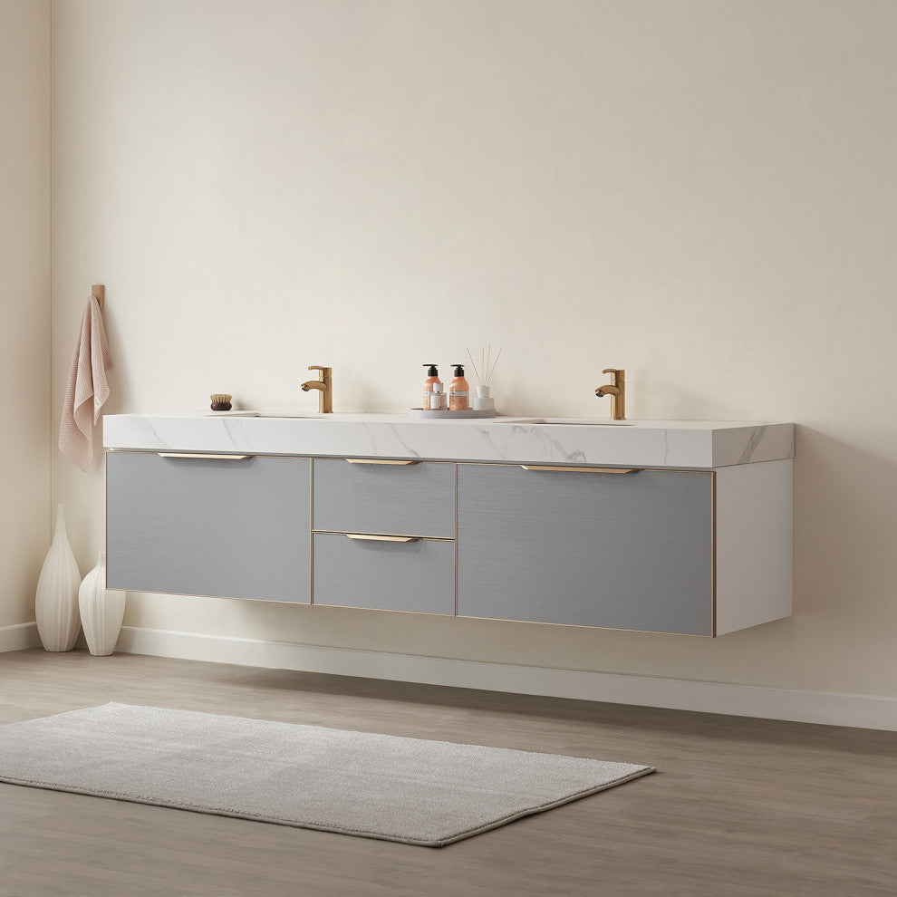 Alicante Vanity With Stone Countertop, Elegant Grey, 84", No Mirror
