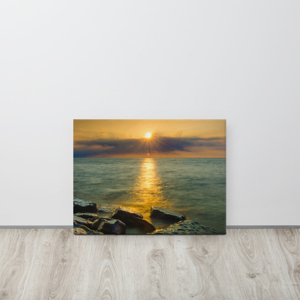 Sunset On Ocean, Sea, Beach Nature Landscape Photo Canvas Print, 18" X 24"