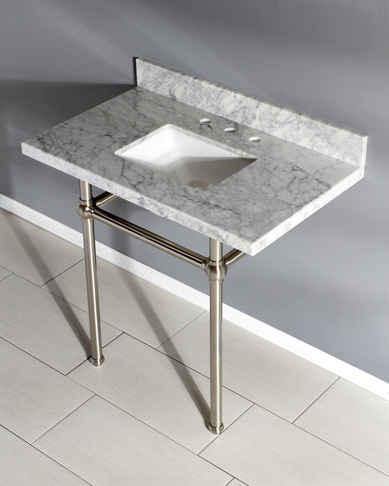 36X22 Marble Vanity Top w/Brass Console Legs, Carrara Marble/Brushed Nickel