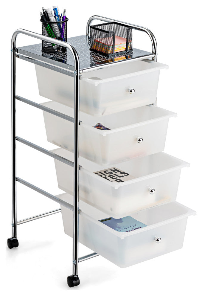 Costway 4-Drawer Cart Storage Bin Organizer Rolling w/Plastic Drawers Clear
