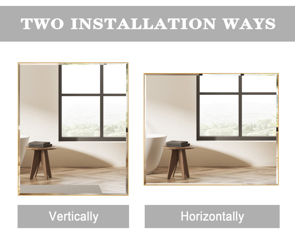 Rectangle Aluminum Framed Wall Mounted Mirror With Beveled Edge, Gold, 30"x36"