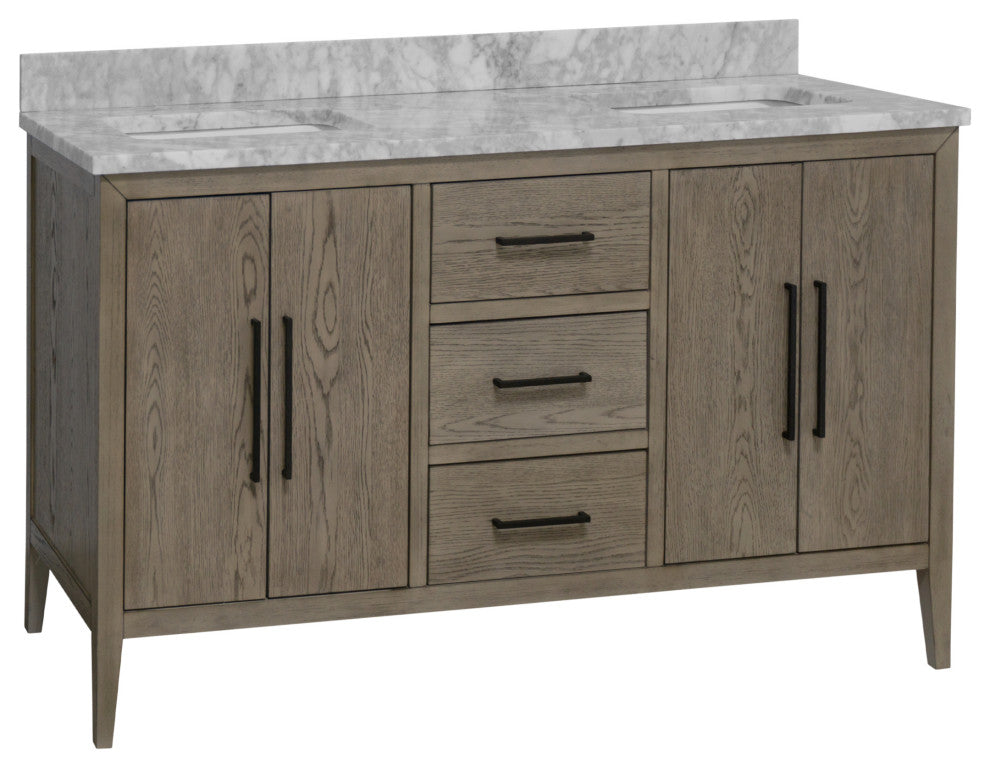 Parisian 60" Bathroom Vanity, Gray Oak, Carrara Marble, Double