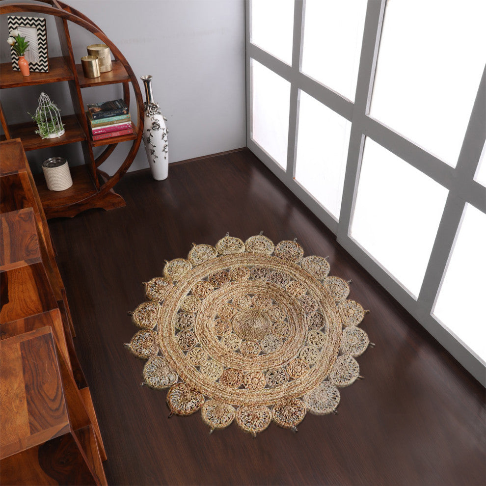 Hand Woven Jute Area Rug Oriental Beige, [Round] 4'x4'