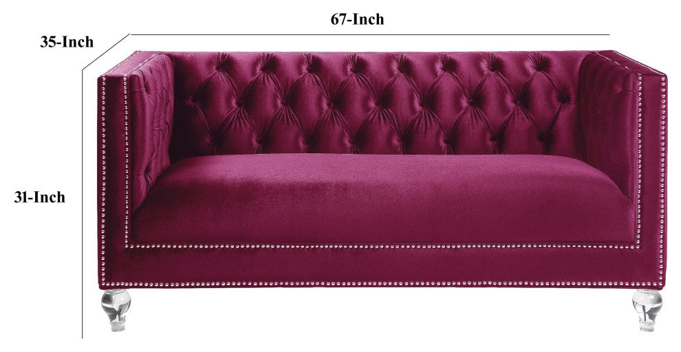 Benzara BM275707 Modern Loveseat, Chesterfield, Acrylic Feet, Burgundy Velvet