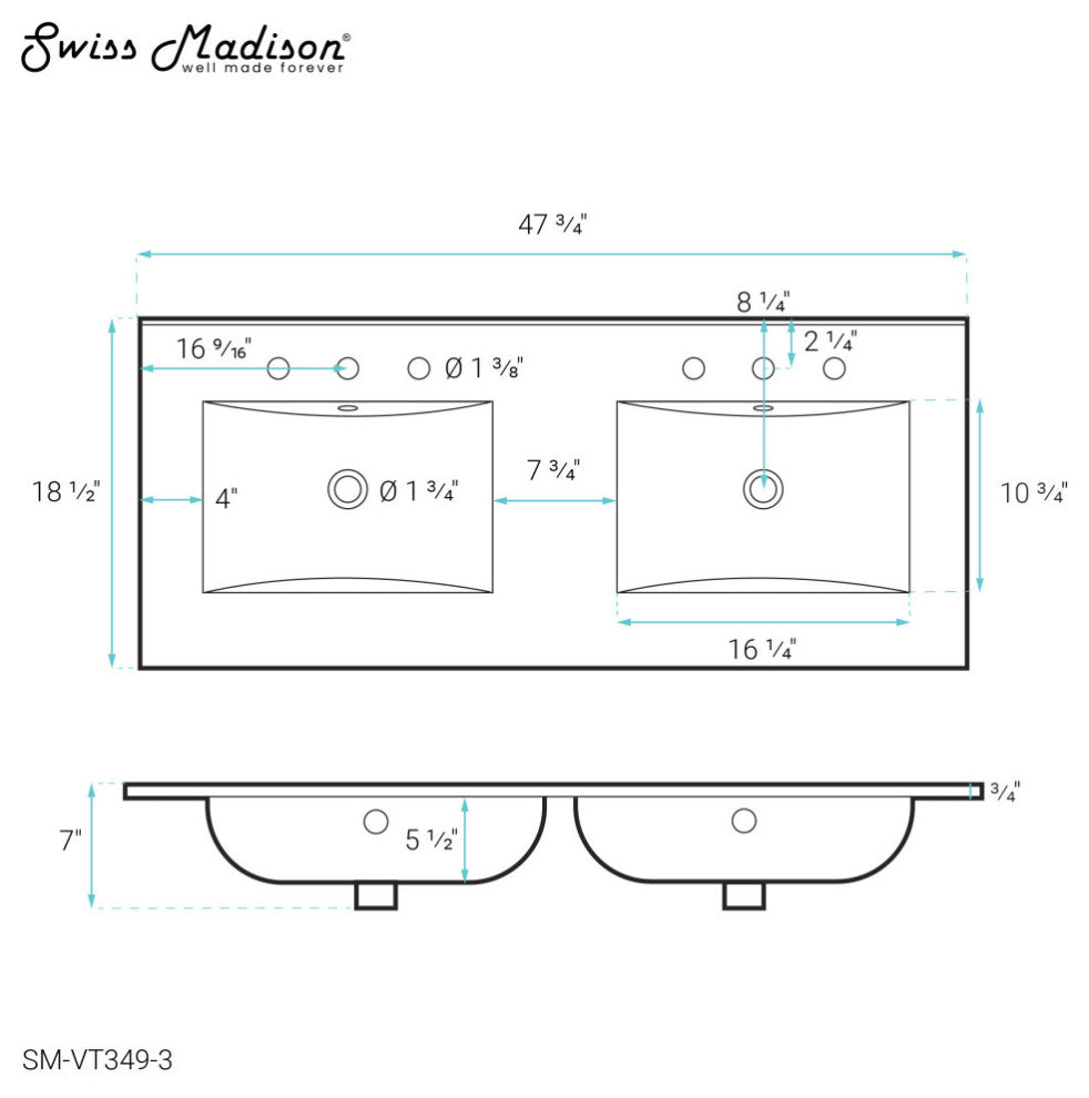 48" Ceramic Vanity Top Double Basins With 3 Holes