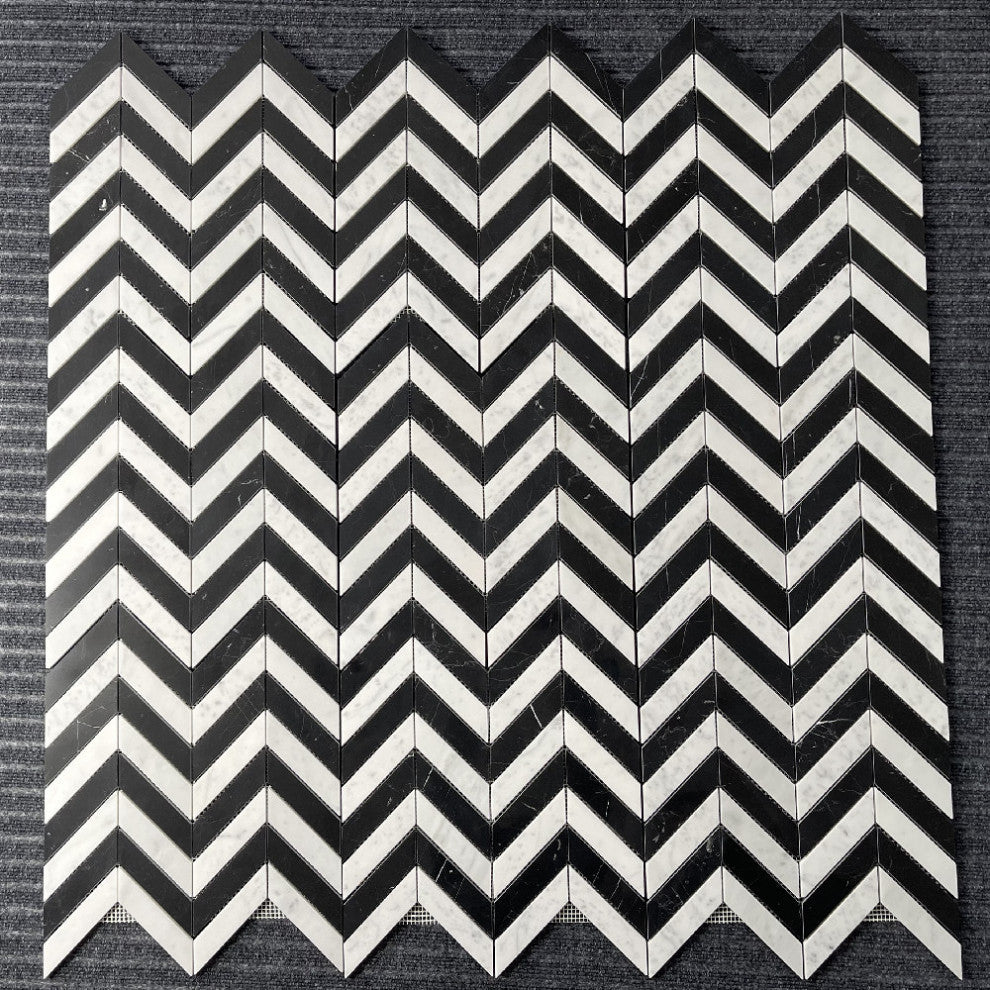 Carrara White & Nero Marquina Marble 1x4 Chevron Mosaic Tile Polished, 1 sheet