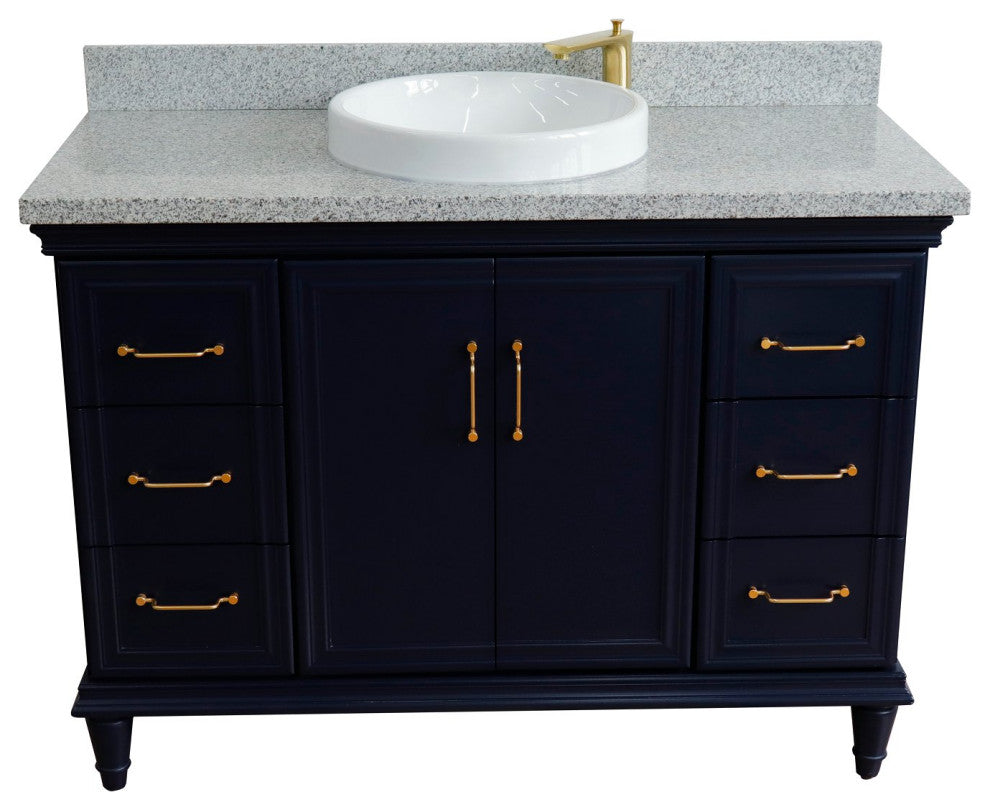 49" Single Sink Vanity, Blue Finish With Gray Granite and Round Sink