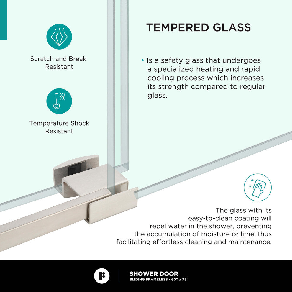 Frameless Clear Sliding Shower Door With Tempered Glass - Shower Bathroom Door, Satin Nickel, 60" X 75", Single Sliding Door