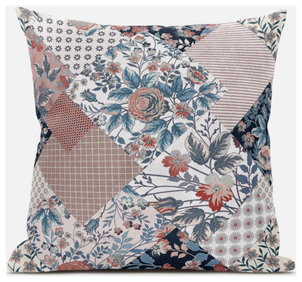 18" White Pink Floral Zippered Suede Throw Pillow