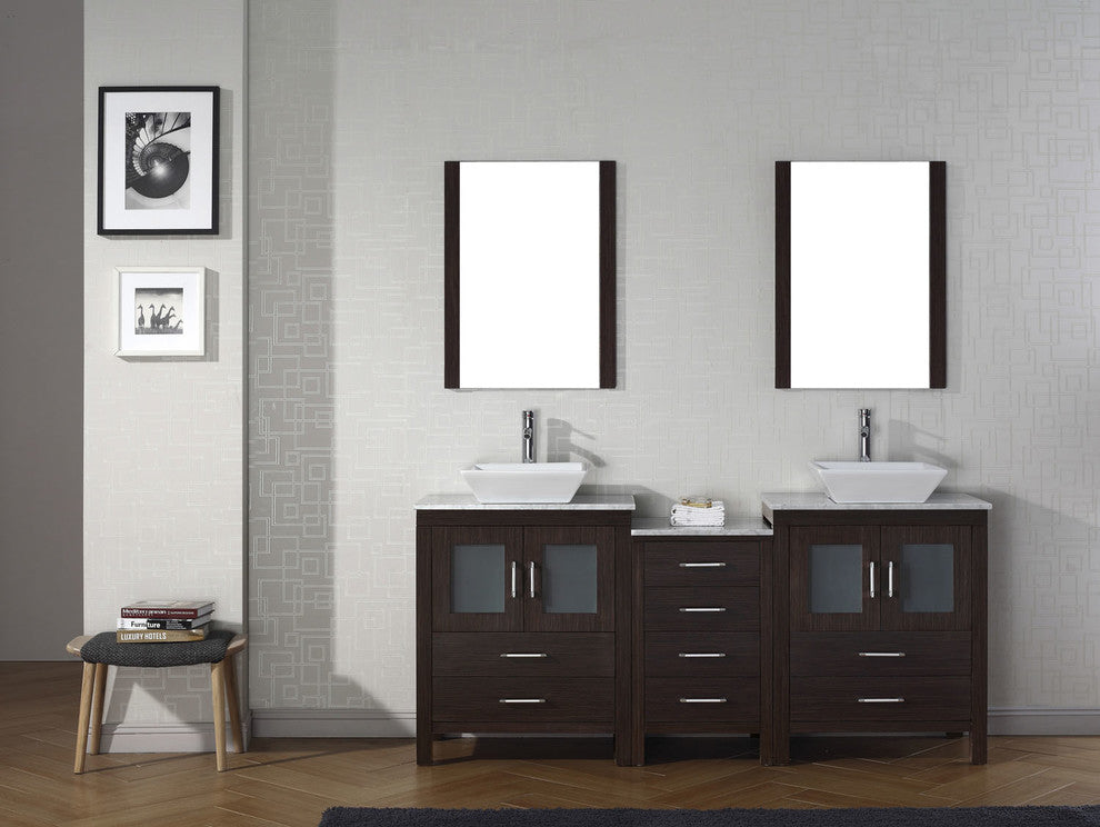 Virtu Dior 74" Double Bathroom Vanity, Espresso With Faucet and Mirrors
