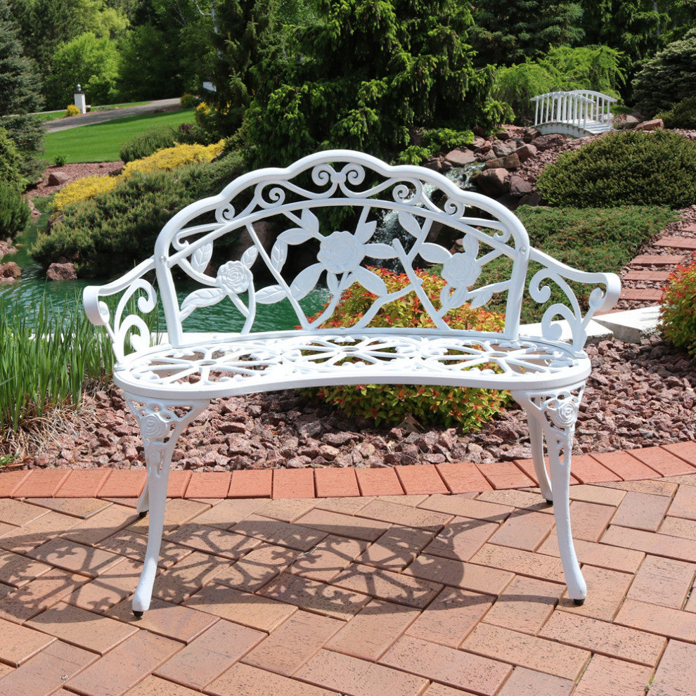 Sunnydaze 2-Person Classic Rose Cast Aluminum White Outdoor Patio Garden Bench