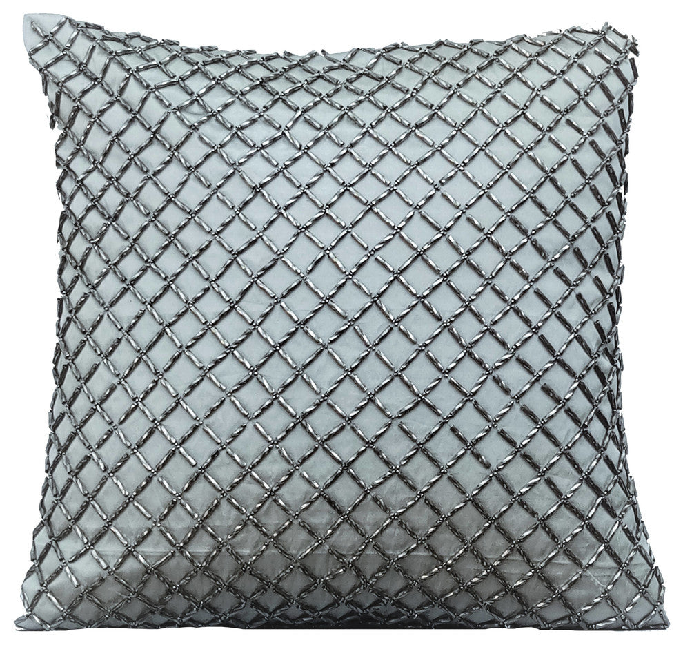 Gray Throw Pillow Covers 16"x16" Silk, Silver Checkered